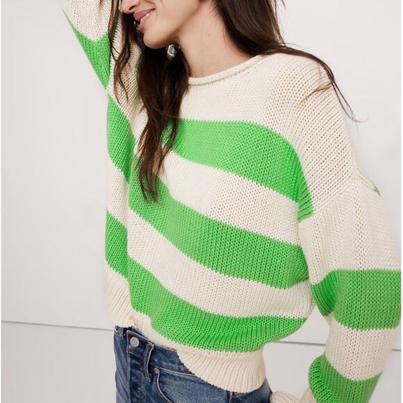 BANANA REPUBLIC Cotton Roll-Neck Sweater Green Ivory Stripe Sz XL NWT $120 {T12}